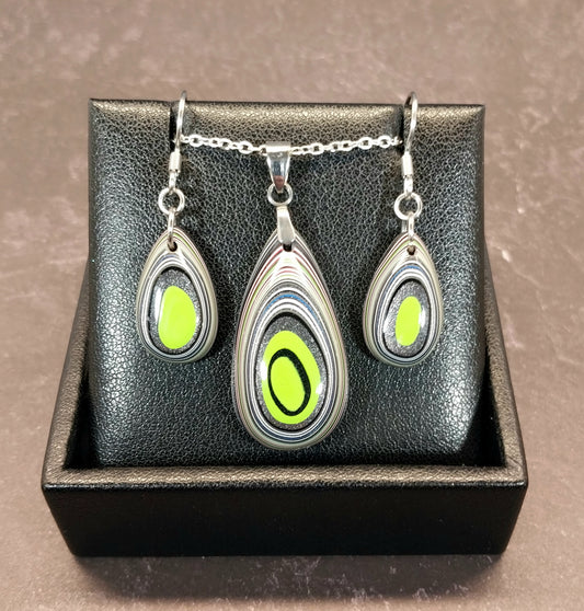 Fordite Set, Stainless Steel, Fordite Necklace and Earrings