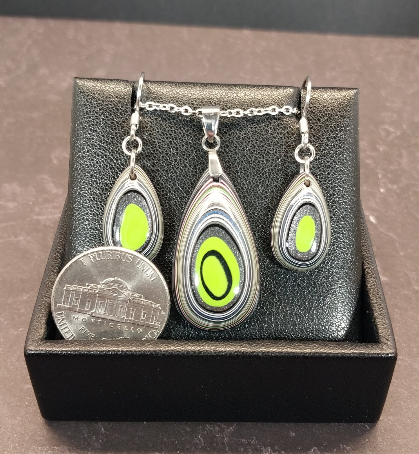 Fordite Set, Stainless Steel, Fordite Necklace and Earrings