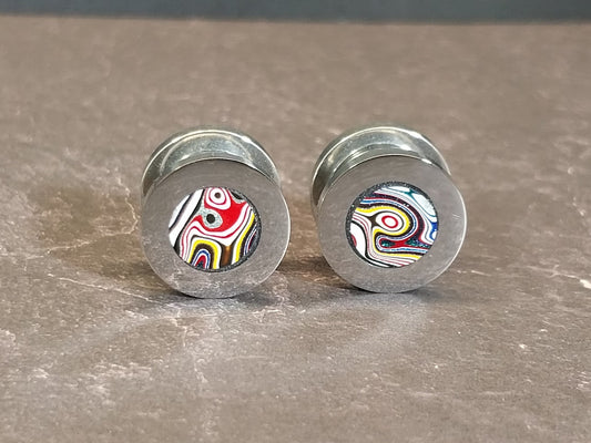 Fordite Ear Gauges in Stainless Steel Screw Back
