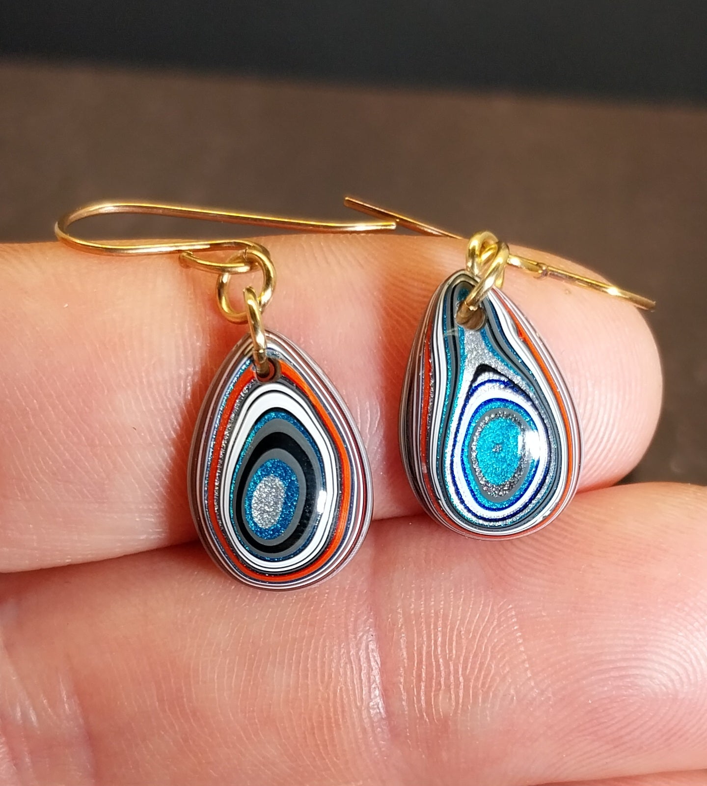 Fordite Earrings, Domed Teardrops with Sterling Silver Ear Wires ET300