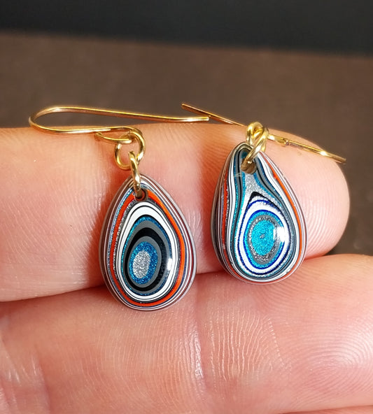 Fordite Earrings, Domed Teardrops with Sterling Silver Ear Wires ET300