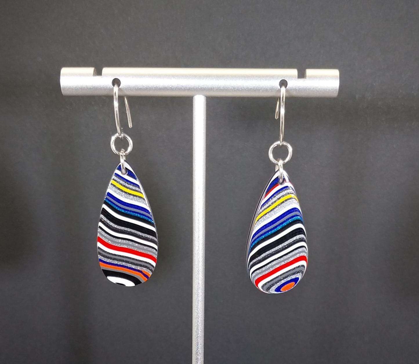 Long Fordite Teardrop Earrings Bright Multicolored Layers
