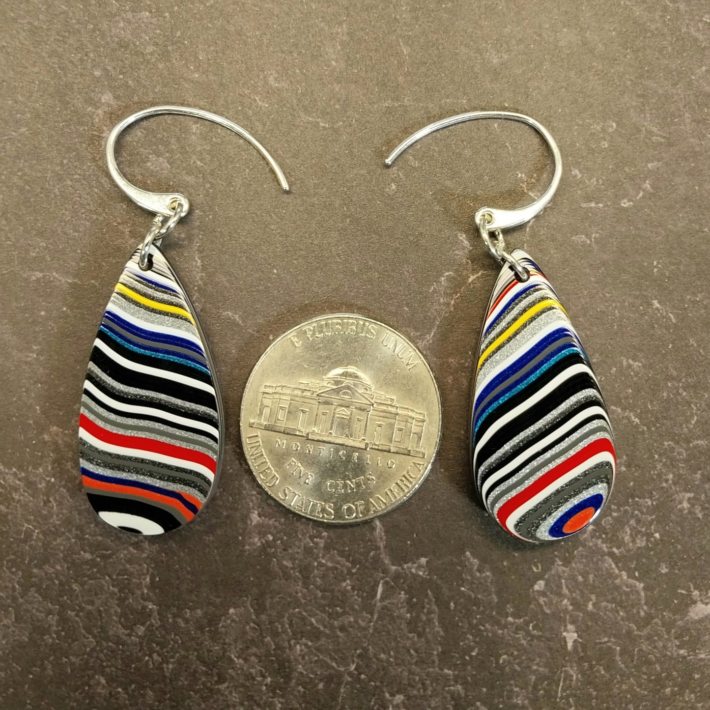Long Fordite Teardrop Earrings Bright Multicolored Layers