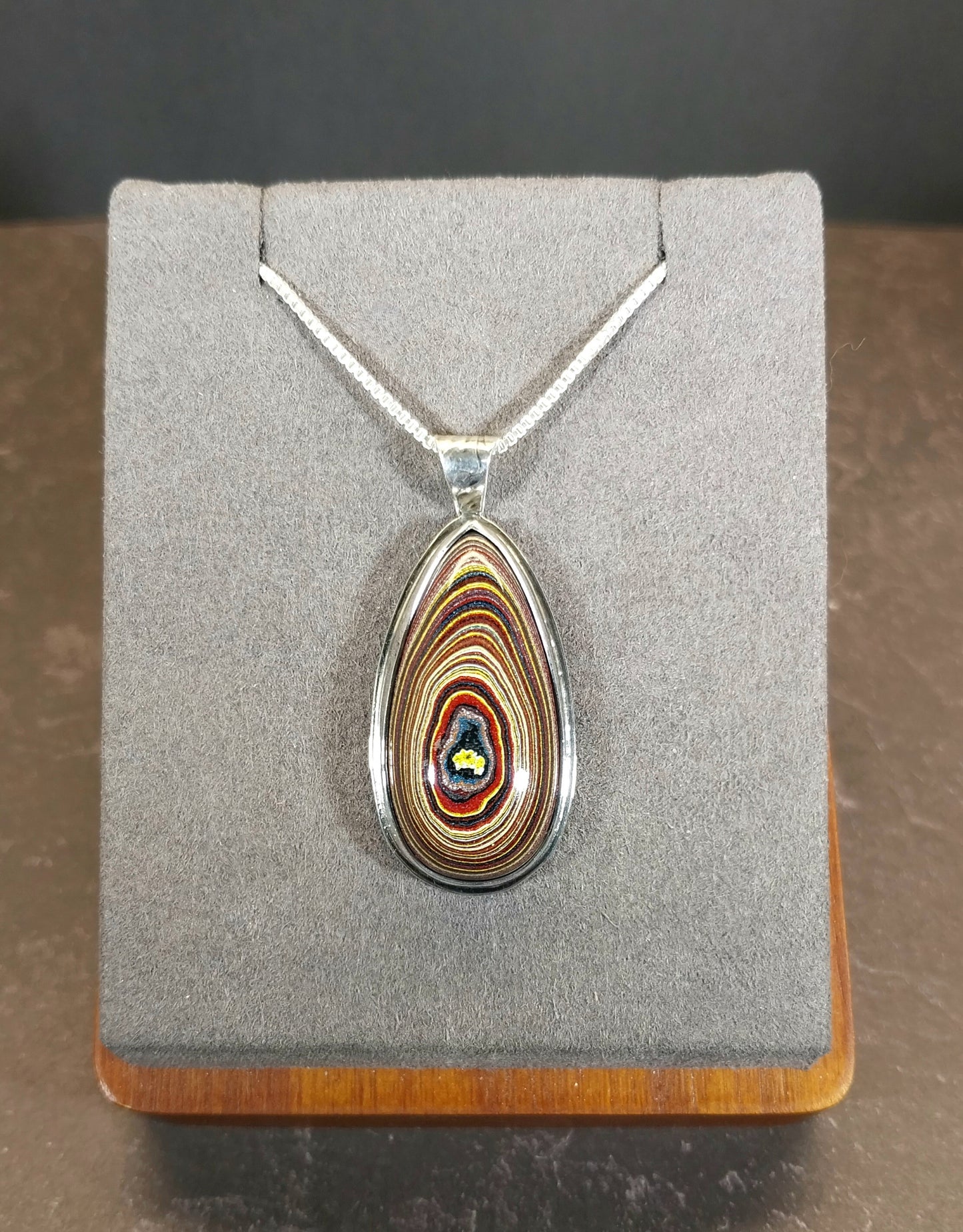 Corvetteite Fordite Pendant in Solid Sterling Silver, Larger Cut