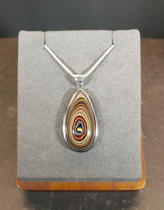 Corvetteite Fordite Pendant in Solid Sterling Silver, Larger Cut