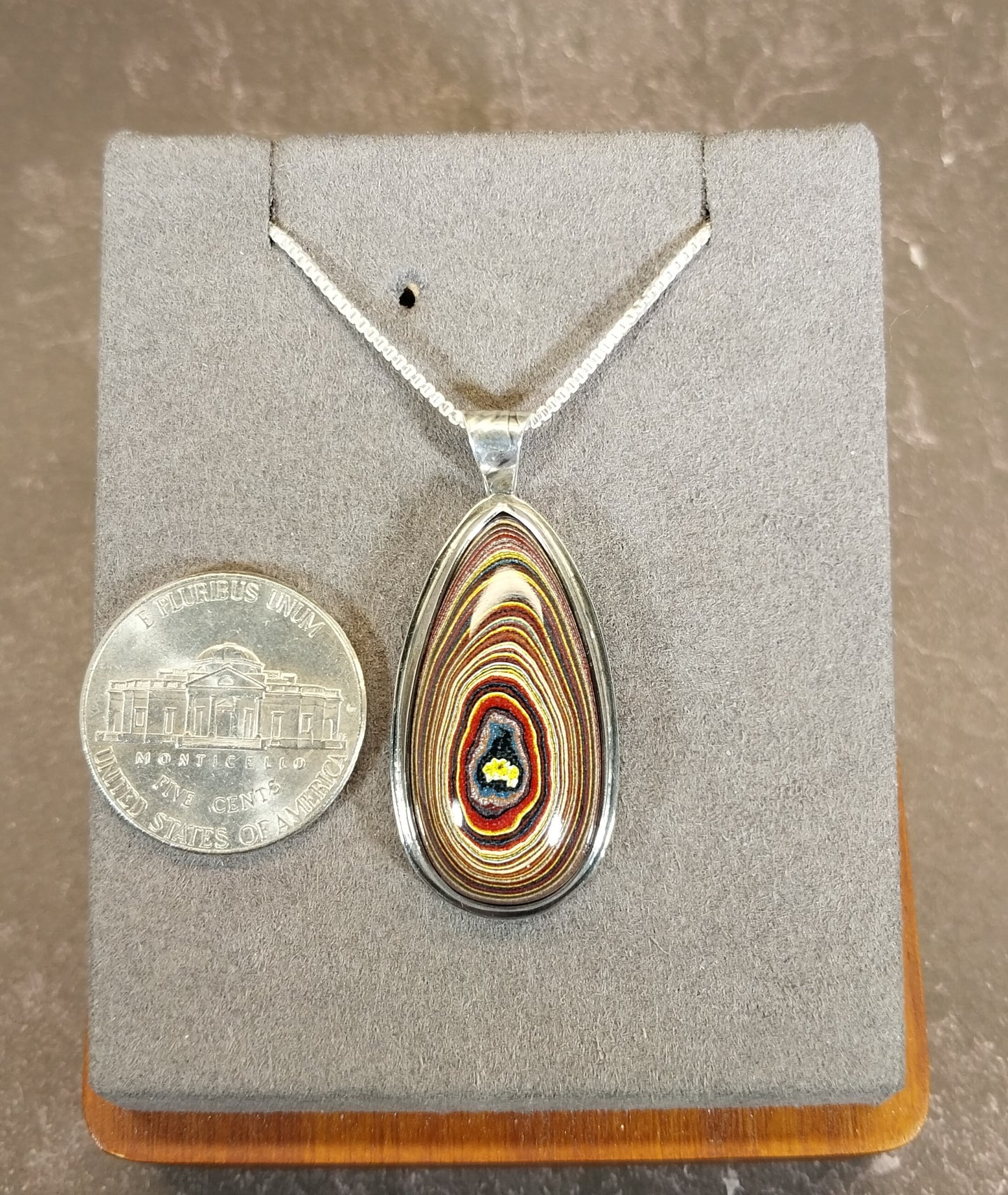Corvetteite Fordite Pendant in Solid Sterling Silver, Larger Cut