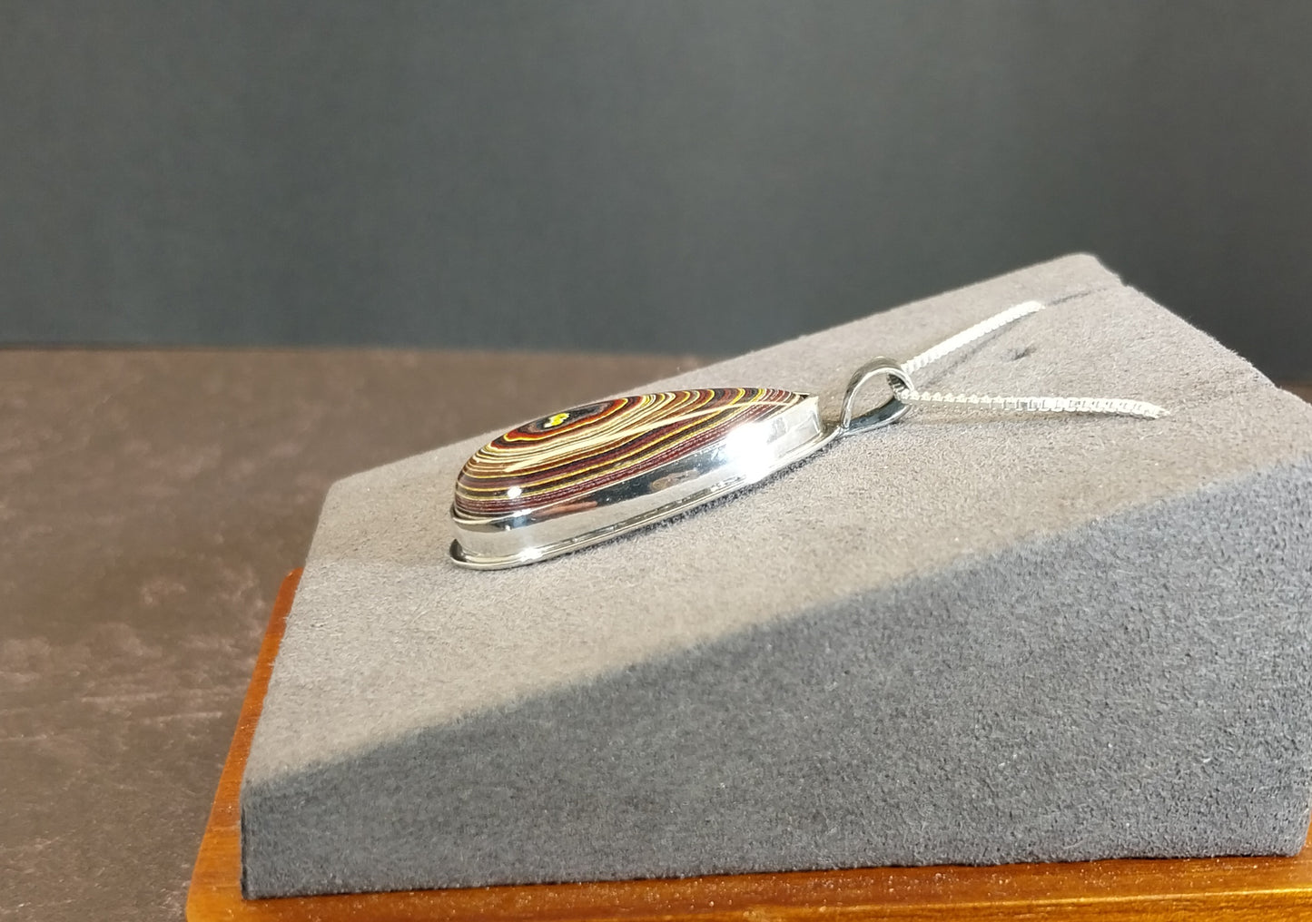 Corvetteite Fordite Pendant in Solid Sterling Silver, Larger Cut