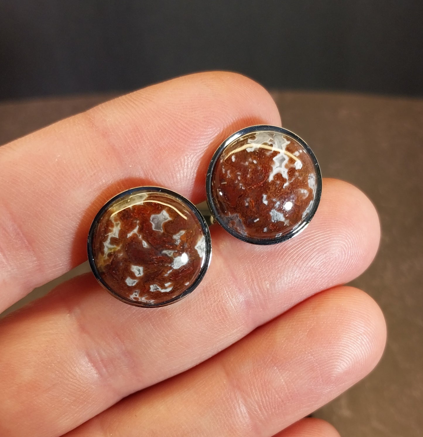 Lake Superior Agate Cufflinks, Stainless Steel Settings, Wisconsin Handmade Jewelry