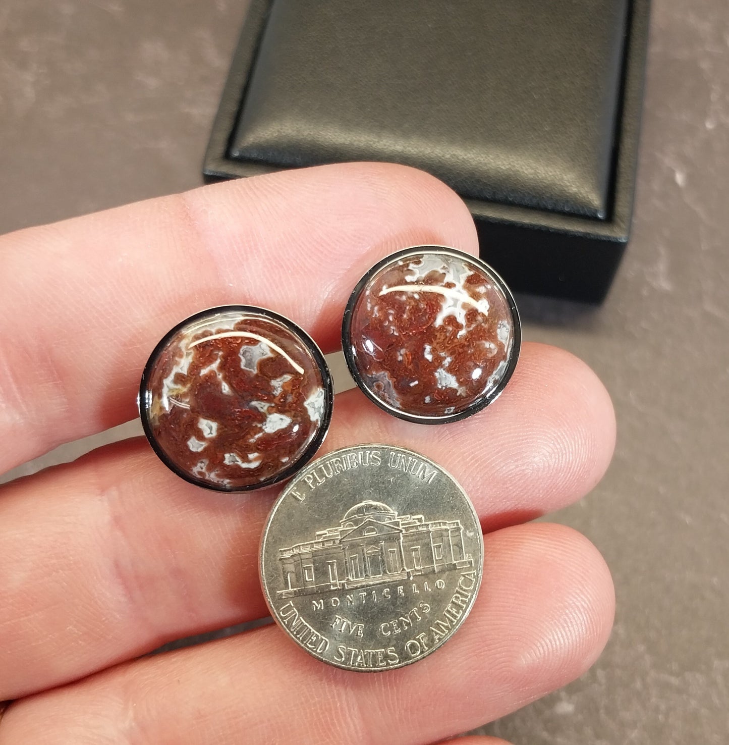 Lake Superior Agate Cufflinks, Stainless Steel Settings, Wisconsin Handmade Jewelry