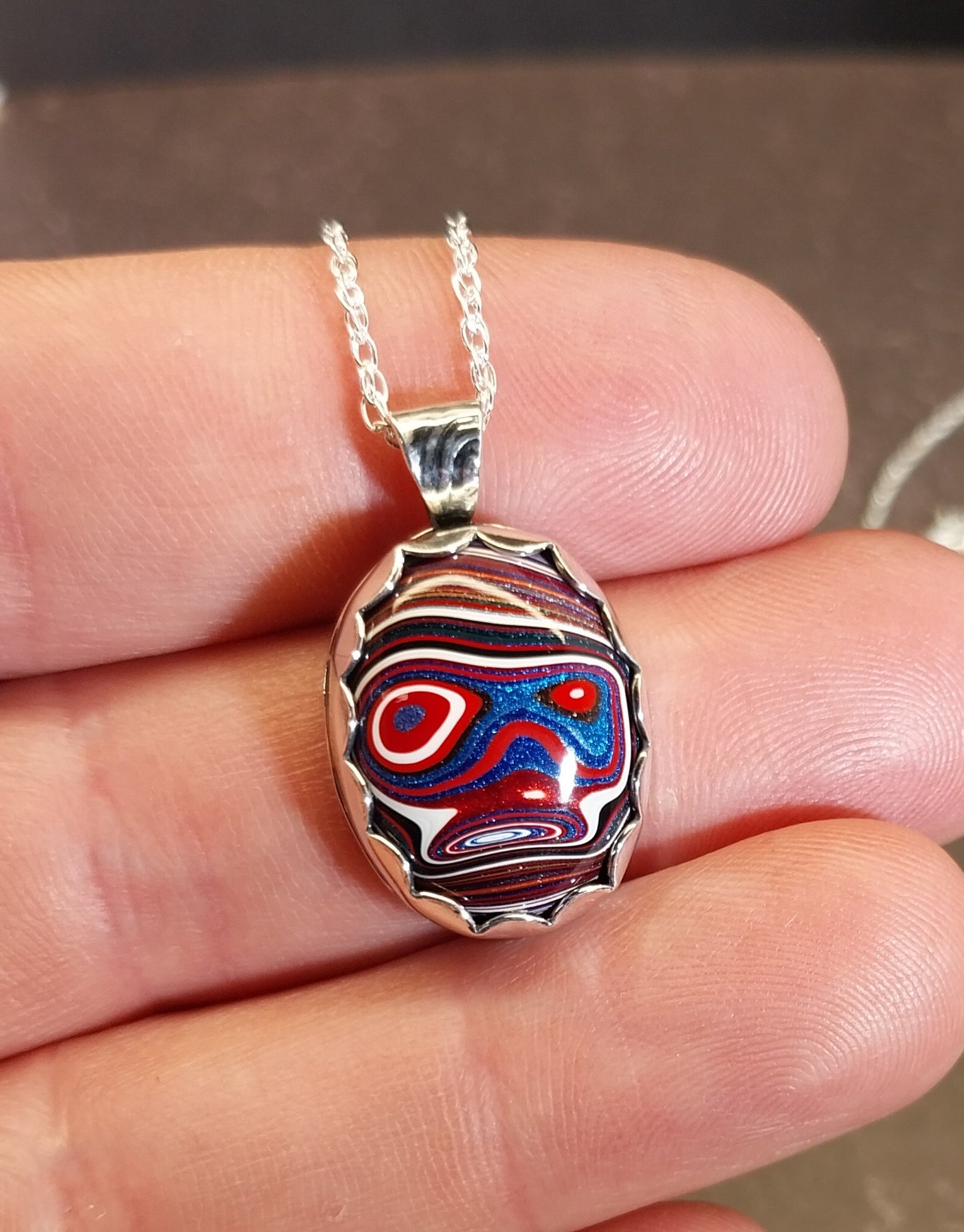Fordite Necklace in Solid Silver with Wild Patterns