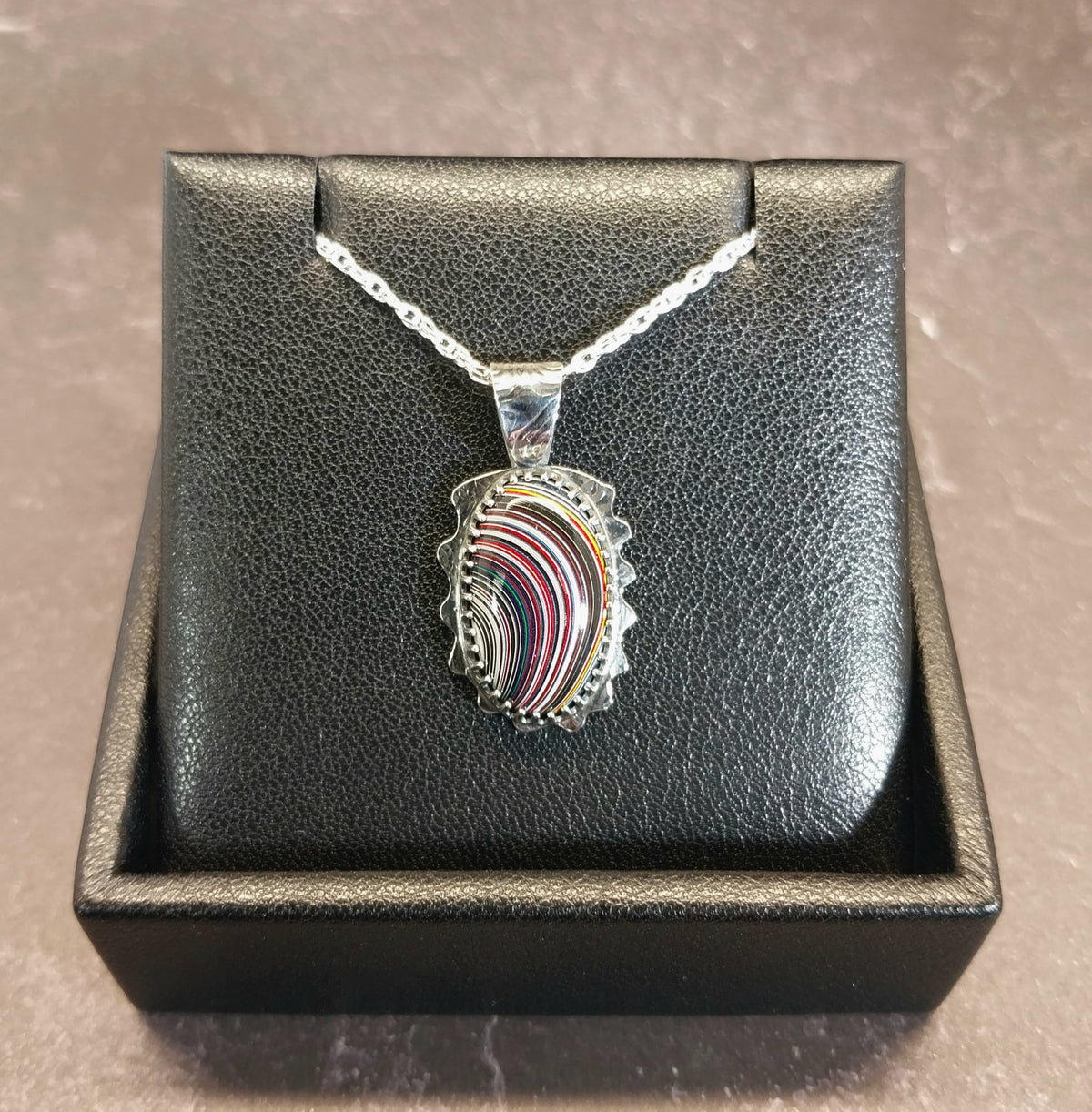 Unique Fordite Solid Sterling Silver Necklace, Ohio Motor Agate