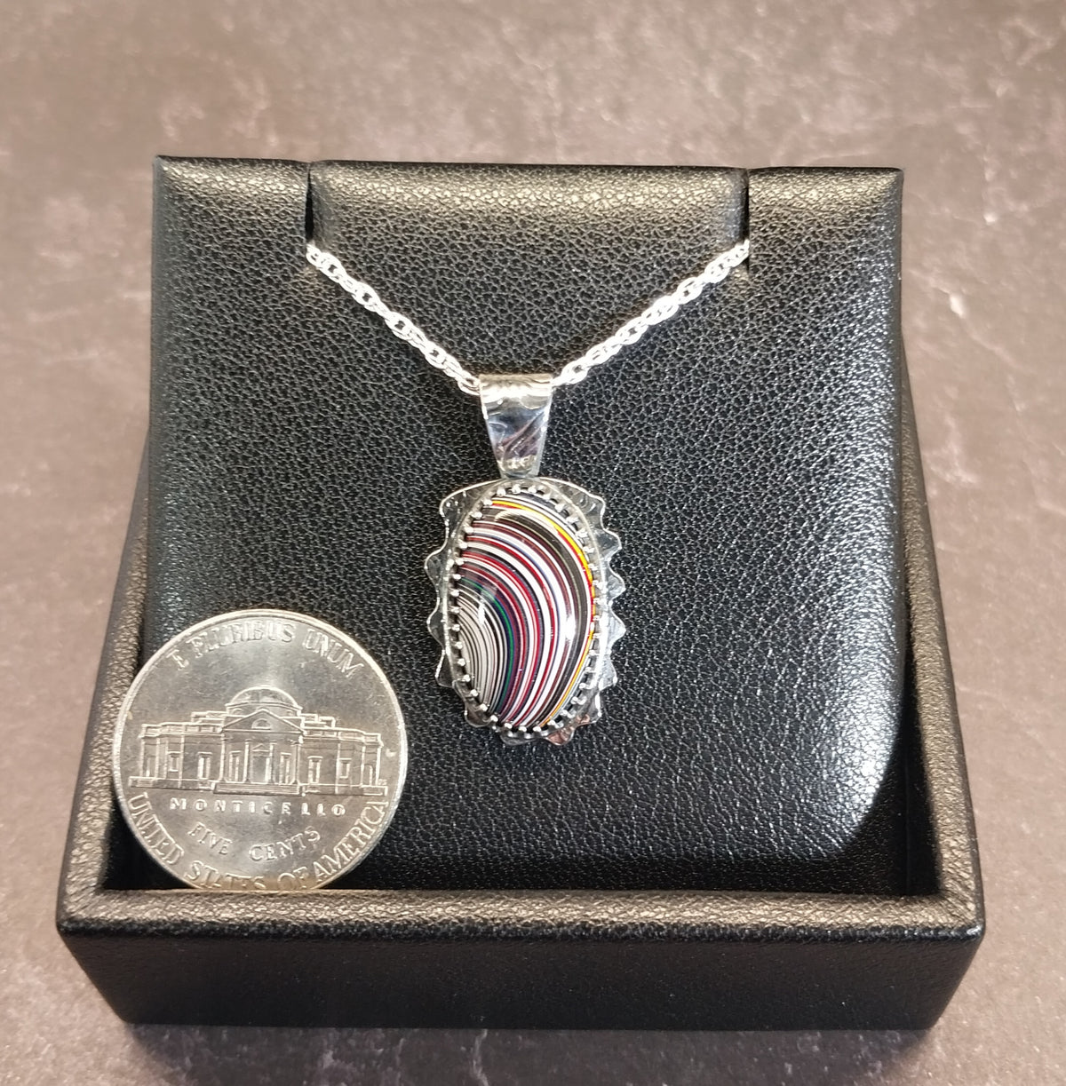 Unique Fordite Solid Sterling Silver Necklace, Ohio Motor Agate