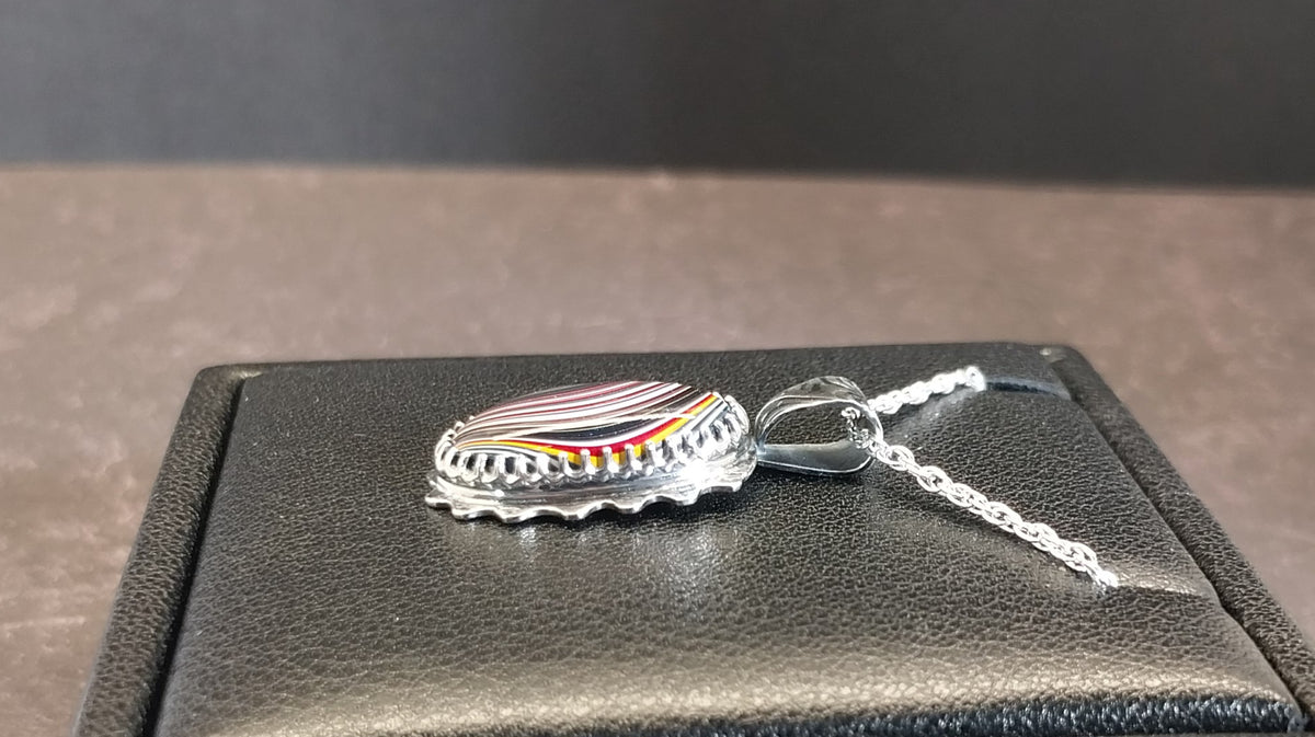 Unique Fordite Solid Sterling Silver Necklace, Ohio Motor Agate