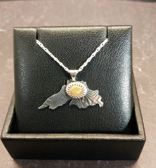 Lake Agate Silver Necklace, Lake Superior Shape Pendant