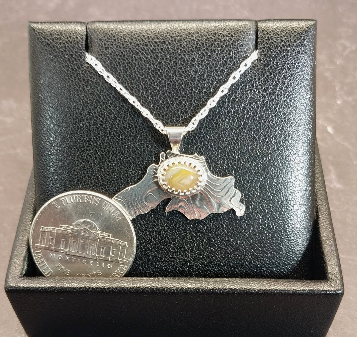 Lake Agate Silver Necklace, Lake Superior Shape Pendant