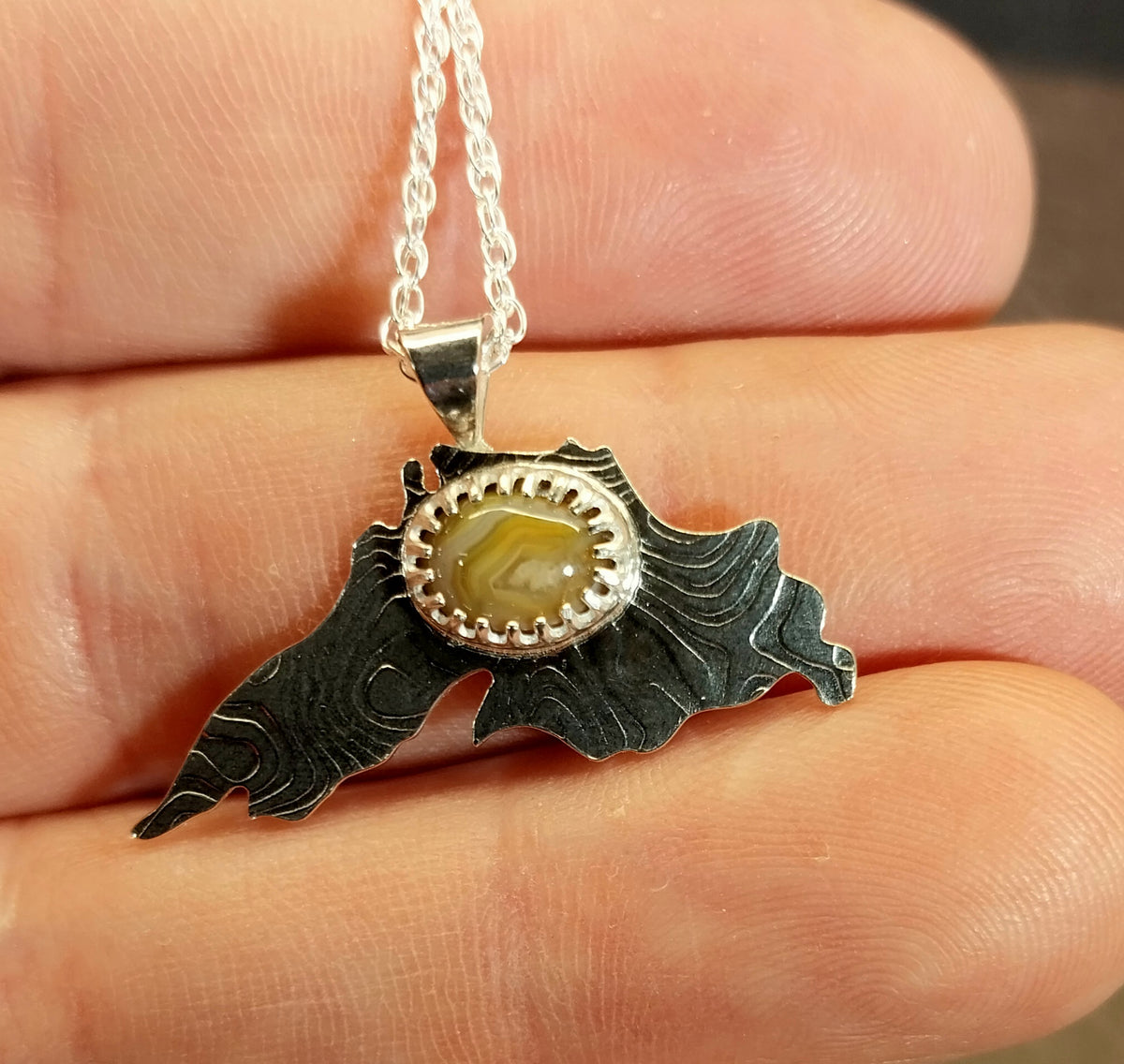Lake Agate Silver Necklace, Lake Superior Shape Pendant