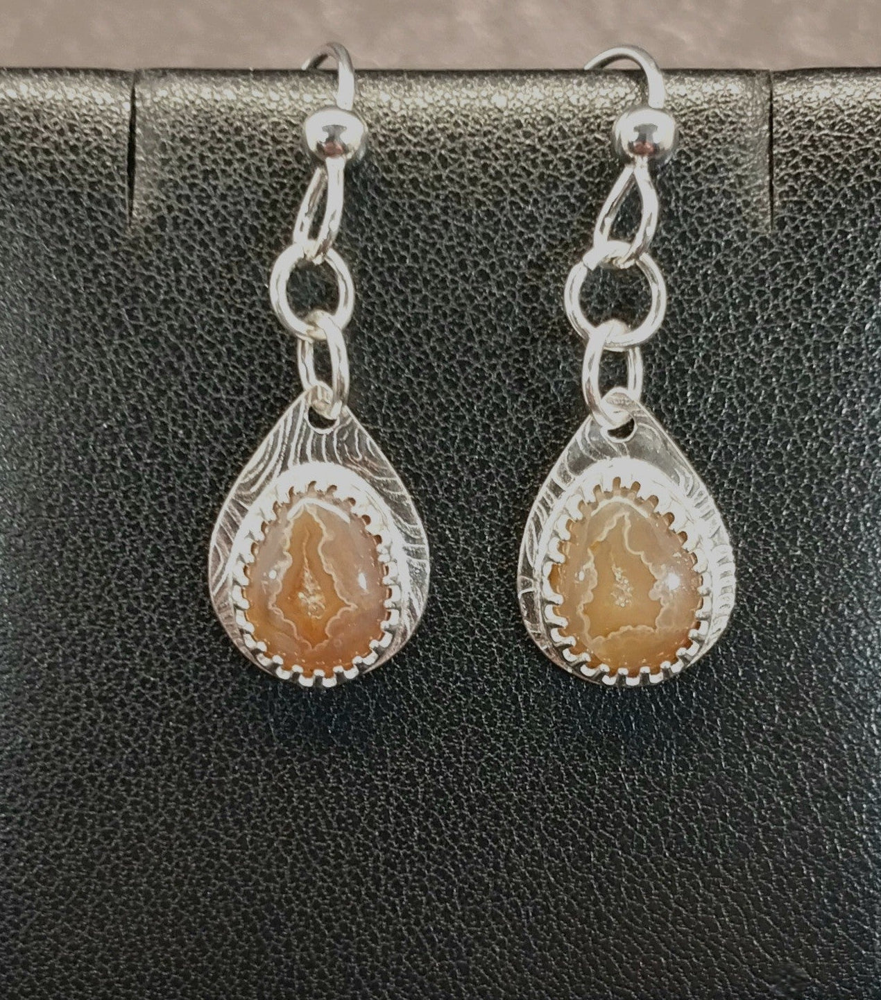 Lake Superior Agate Silver Dangle Earrings, Artisan Handmade