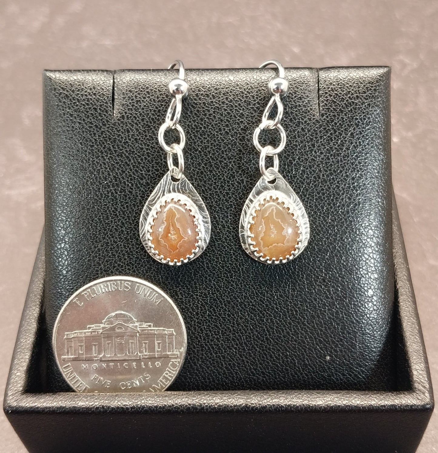 Lake Superior Agate Silver Dangle Earrings, Artisan Handmade