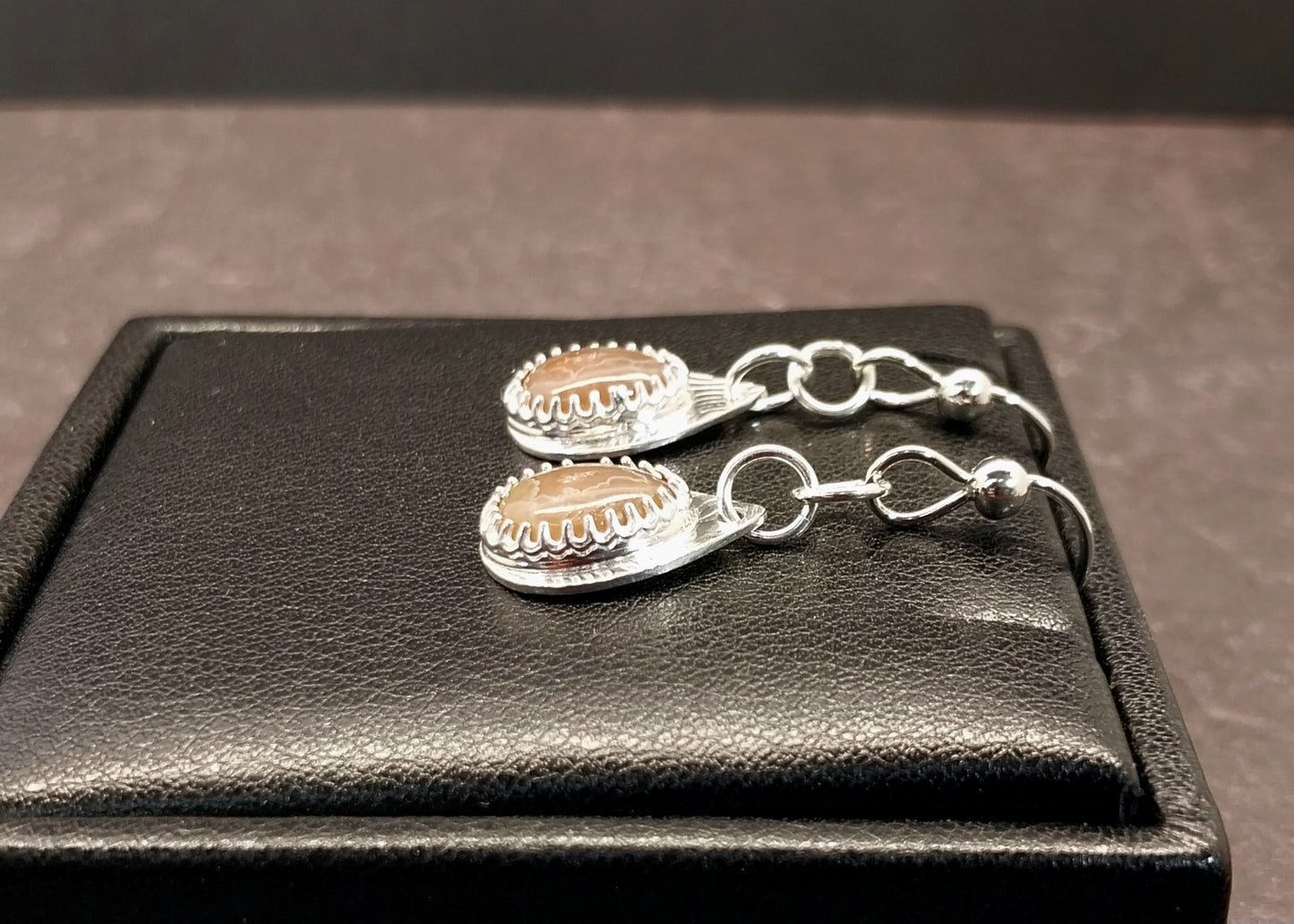 Lake Superior Agate Silver Dangle Earrings, Artisan Handmade