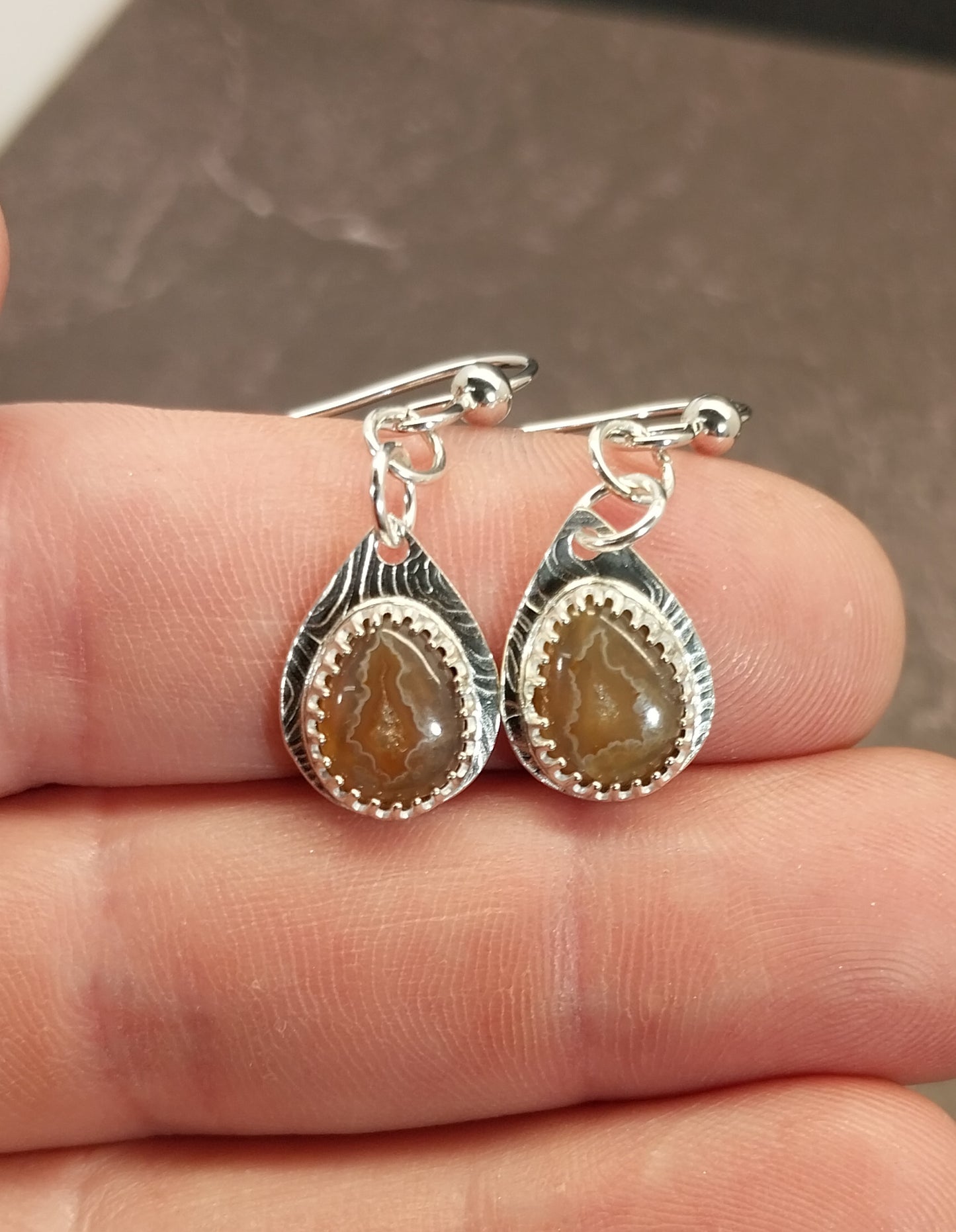 Lake Superior Agate Silver Dangle Earrings, Artisan Handmade