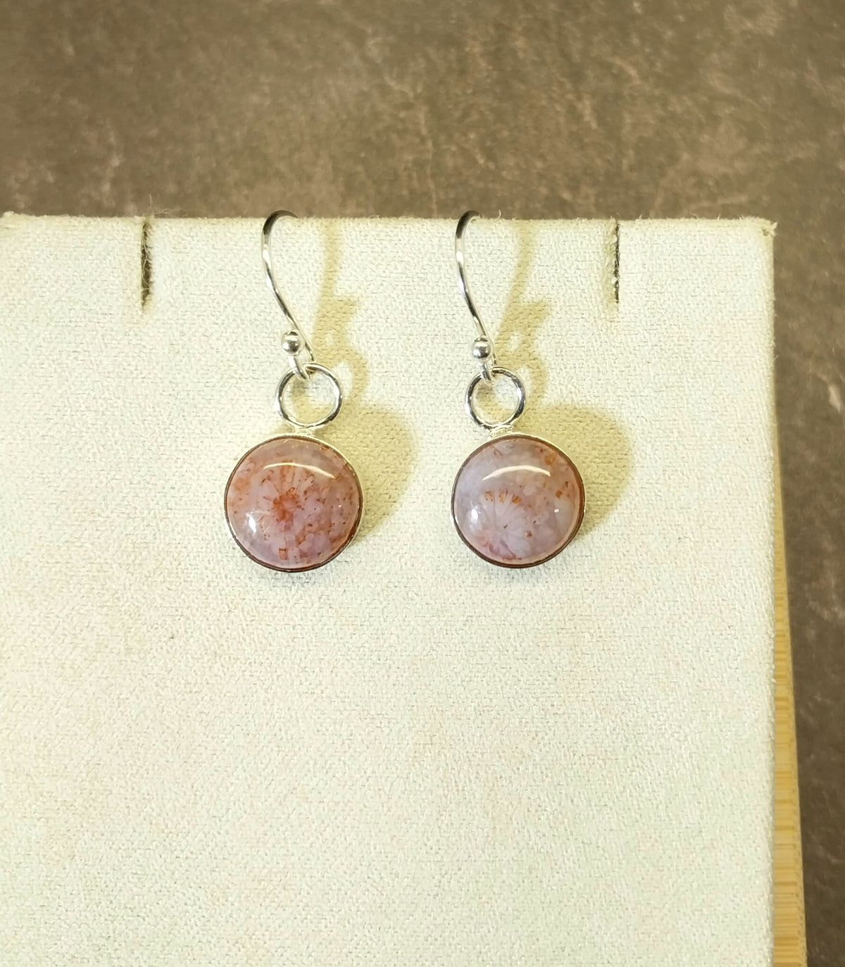 Pink and White Fossil Coral Agate Earrings in Solid Silver