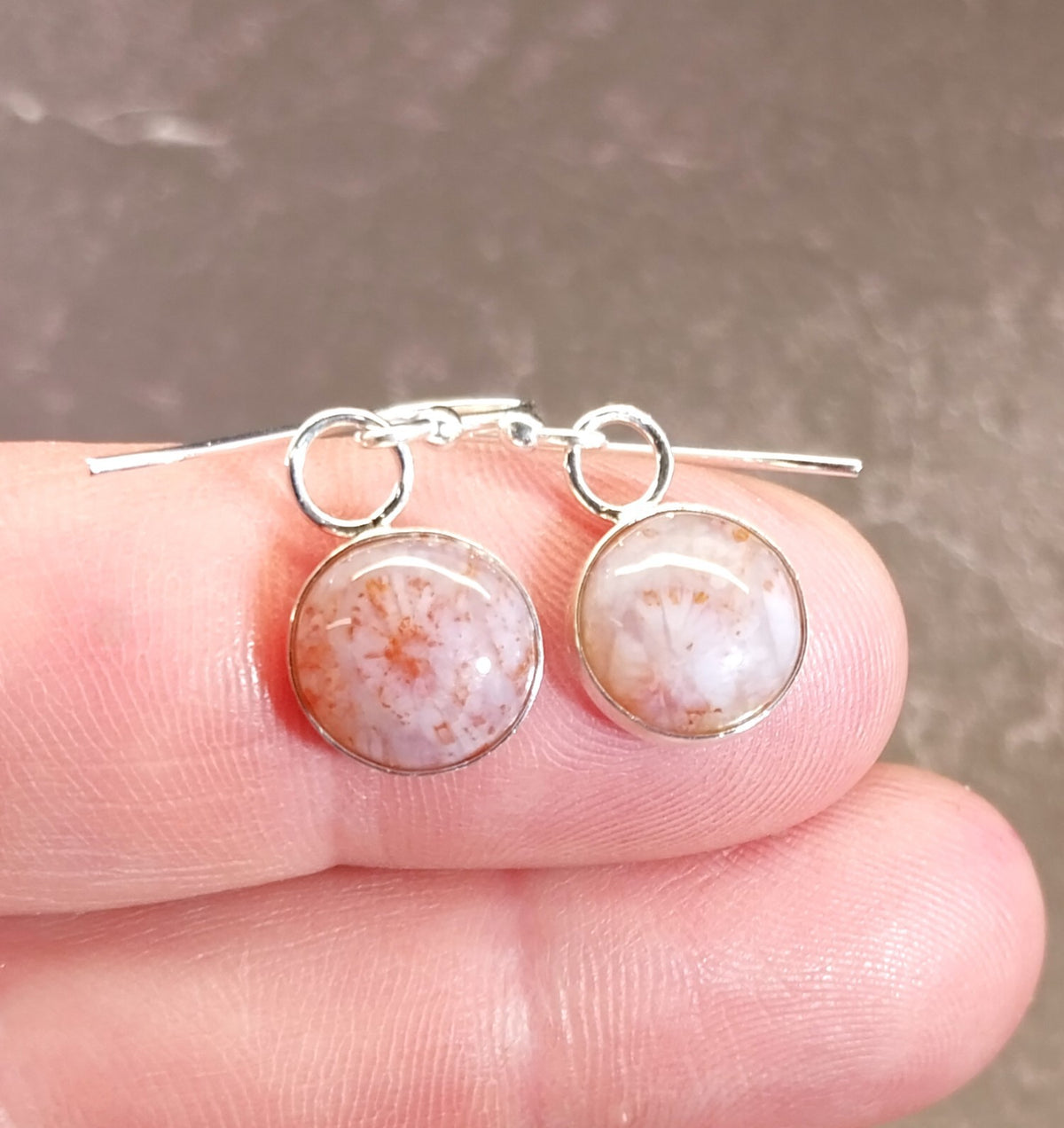 Pink and White Fossil Coral Agate Earrings in Solid Silver