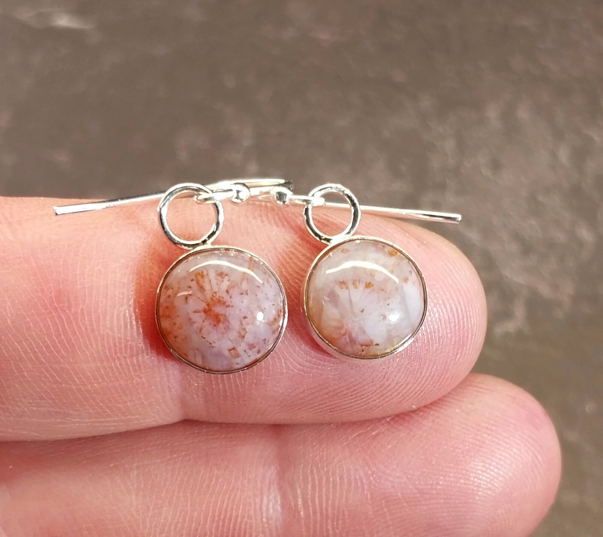 Pink and White Fossil Coral Agate Earrings in Solid Silver