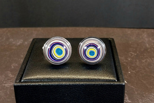 Colorful Fordite Cuff Links in Mirror Stainless Steel, Ohio Motor Agate