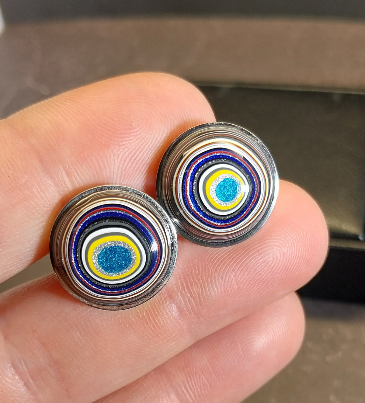 Colorful Fordite Cuff Links in Mirror Stainless Steel, Ohio Motor Agate