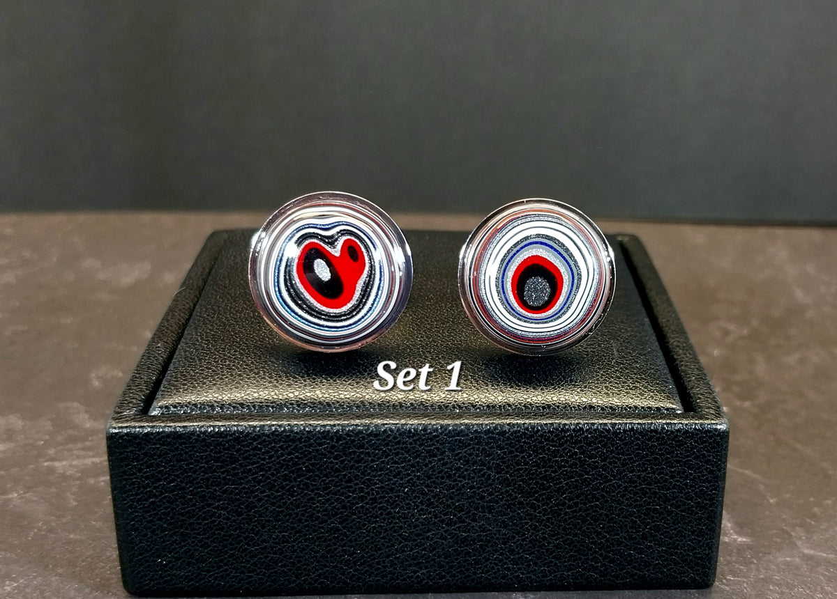 Fordite Cufflinks inks, Gunmetal Mirrored Stainless Steel, Colorful Cuff Links, Recycled Material, Wisconsin Artist