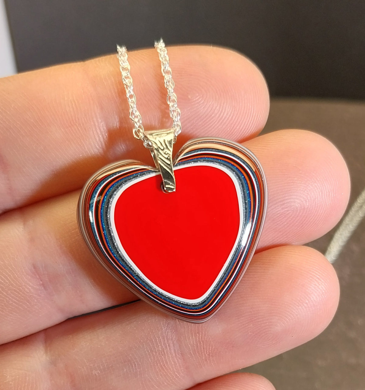 Red Fordite Heart with Solid Sterling Silver Bail and Chain