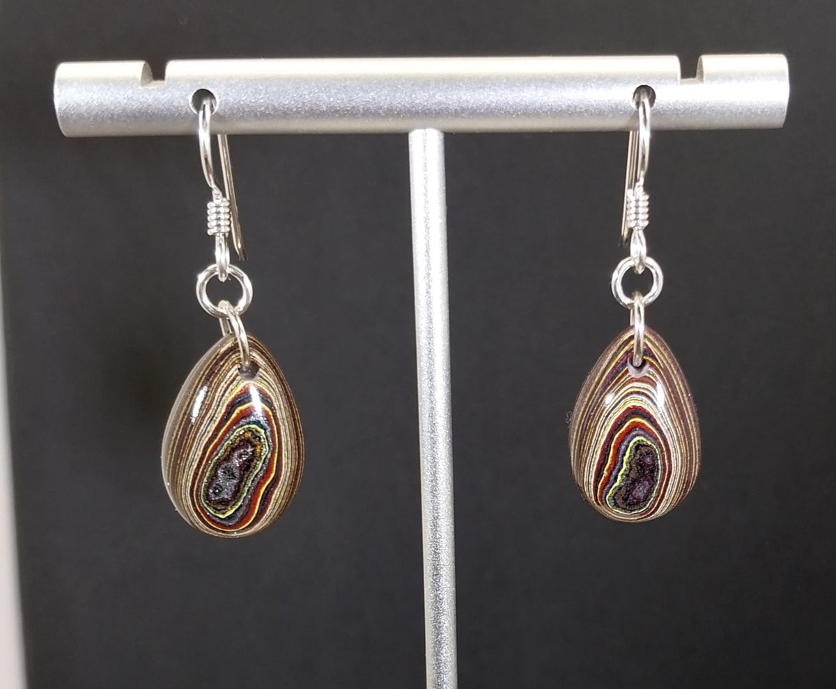 Fordite Earrings, Domed Covetteite Fordite Teardrops, Sterling Silver