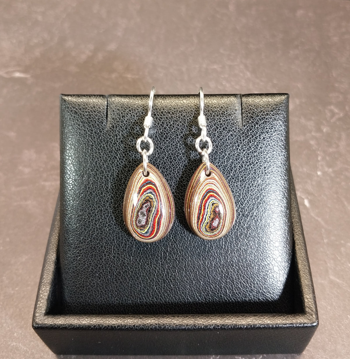 Fordite Earrings, Domed Covetteite Fordite Teardrops, Sterling Silver