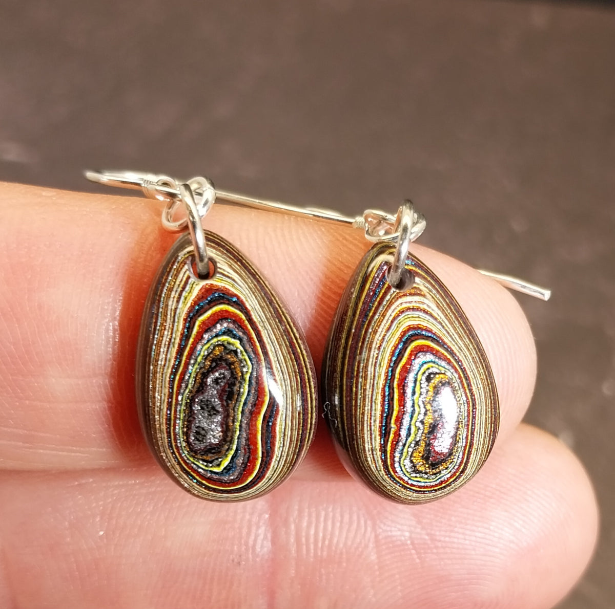 Fordite Earrings, Domed Covetteite Fordite Teardrops, Sterling Silver