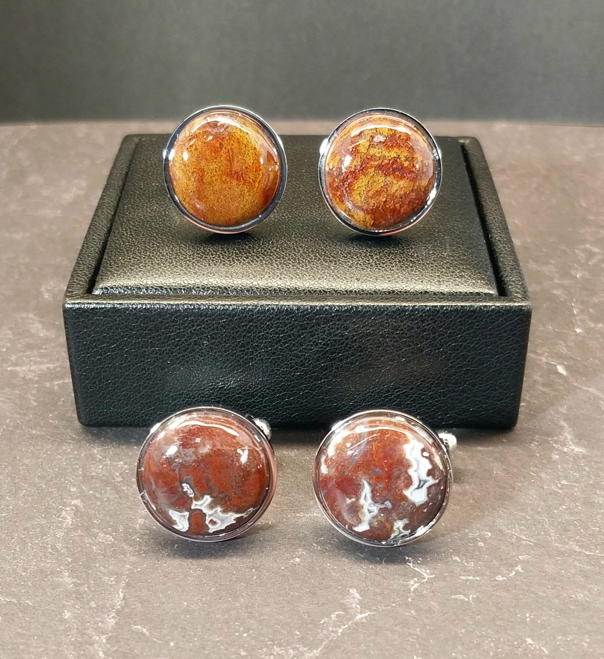 Lake Superior Agate Cufflinks, Stainless Steel Settings, Wisconsin Handmade Jewelry