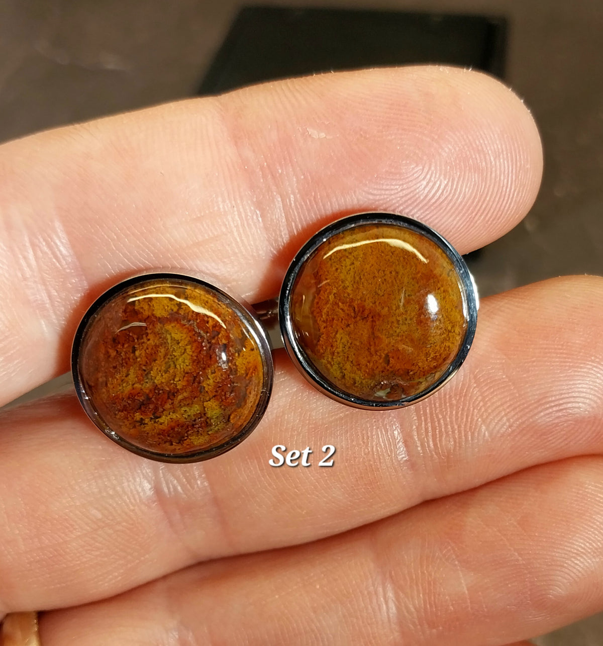 Lake Superior Agate Cufflinks, Stainless Steel Settings, Wisconsin Handmade Jewelry