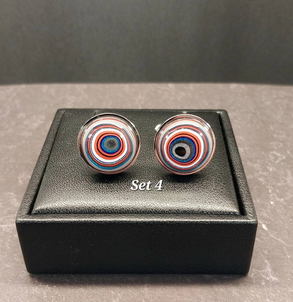 Fordite Cufflinks inks, Gunmetal Mirrored Stainless Steel, Colorful Cuff Links, Recycled Material, Wisconsin Artist