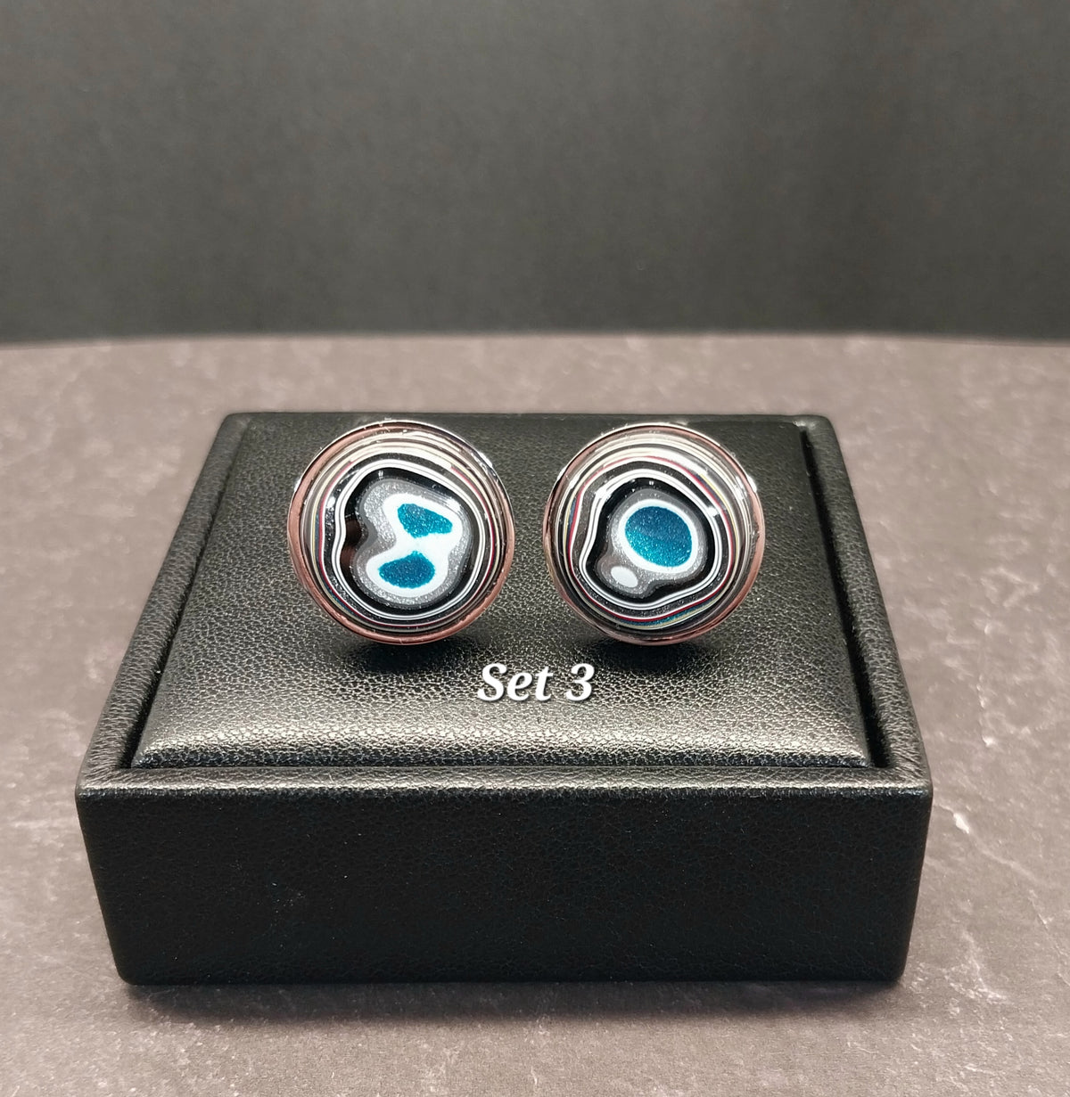 Fordite Cufflinks inks, Gunmetal Mirrored Stainless Steel, Colorful Cuff Links, Recycled Material, Wisconsin Artist