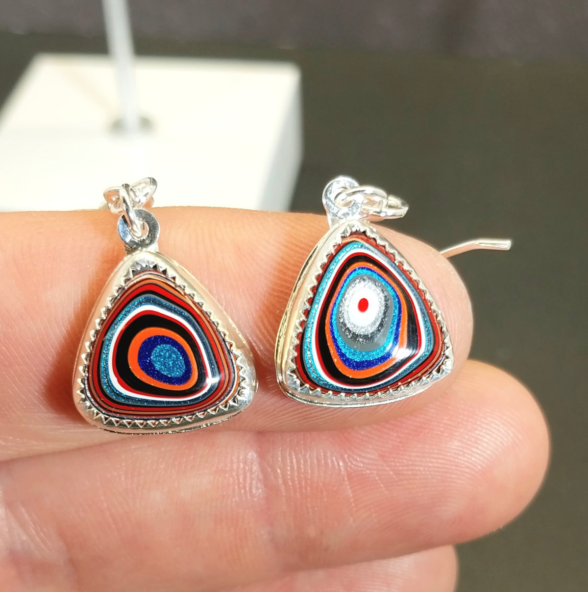 Fordite Sterling Silver Earrings Triangle Shape Ohio Motor Agate