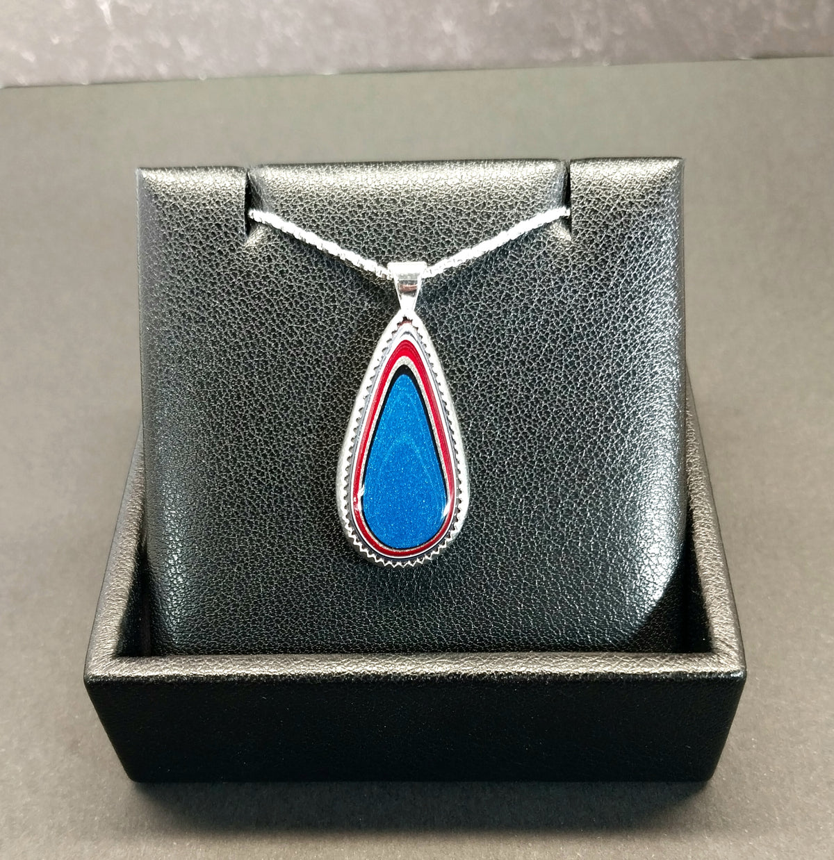 Fordite Necklace Bright Blue with Red and White Sterling Silver