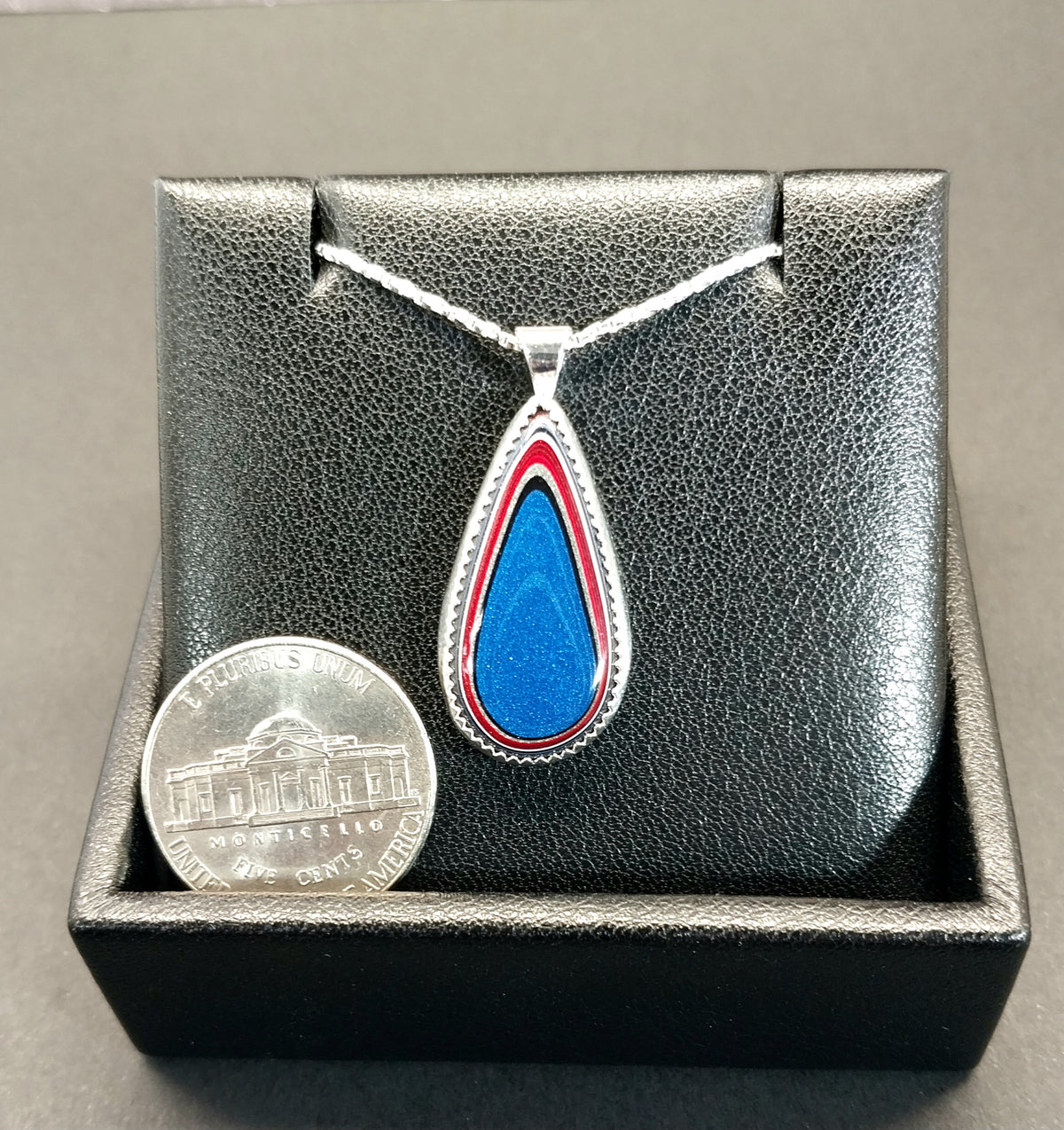 Fordite Necklace Bright Blue with Red and White Sterling Silver
