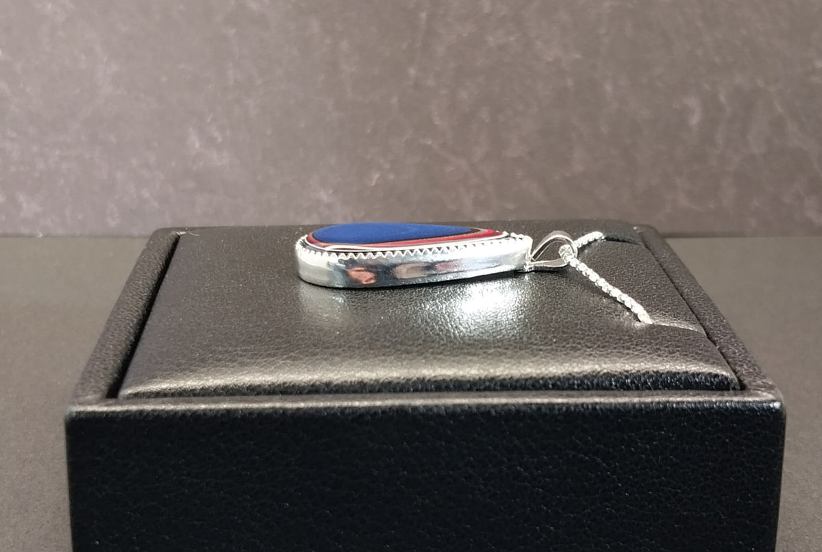 Fordite Necklace Bright Blue with Red and White Sterling Silver