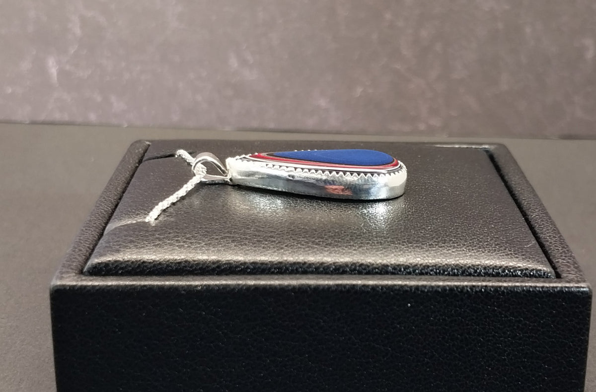 Fordite Necklace Bright Blue with Red and White Sterling Silver