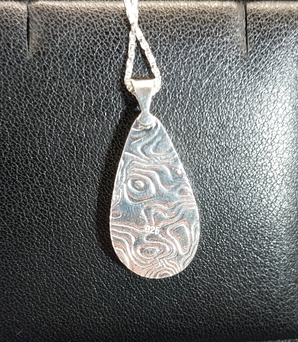 Fordite Necklace Bright Blue with Red and White Sterling Silver