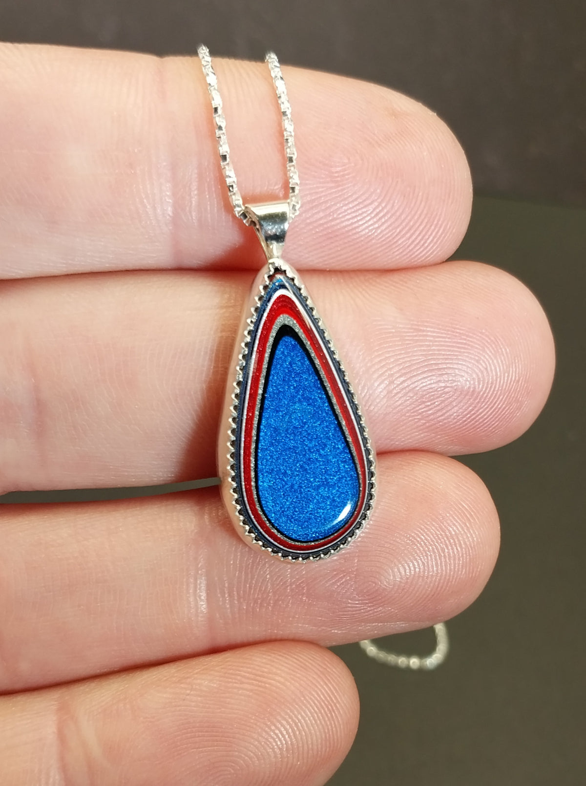 Fordite Necklace Bright Blue with Red and White Sterling Silver