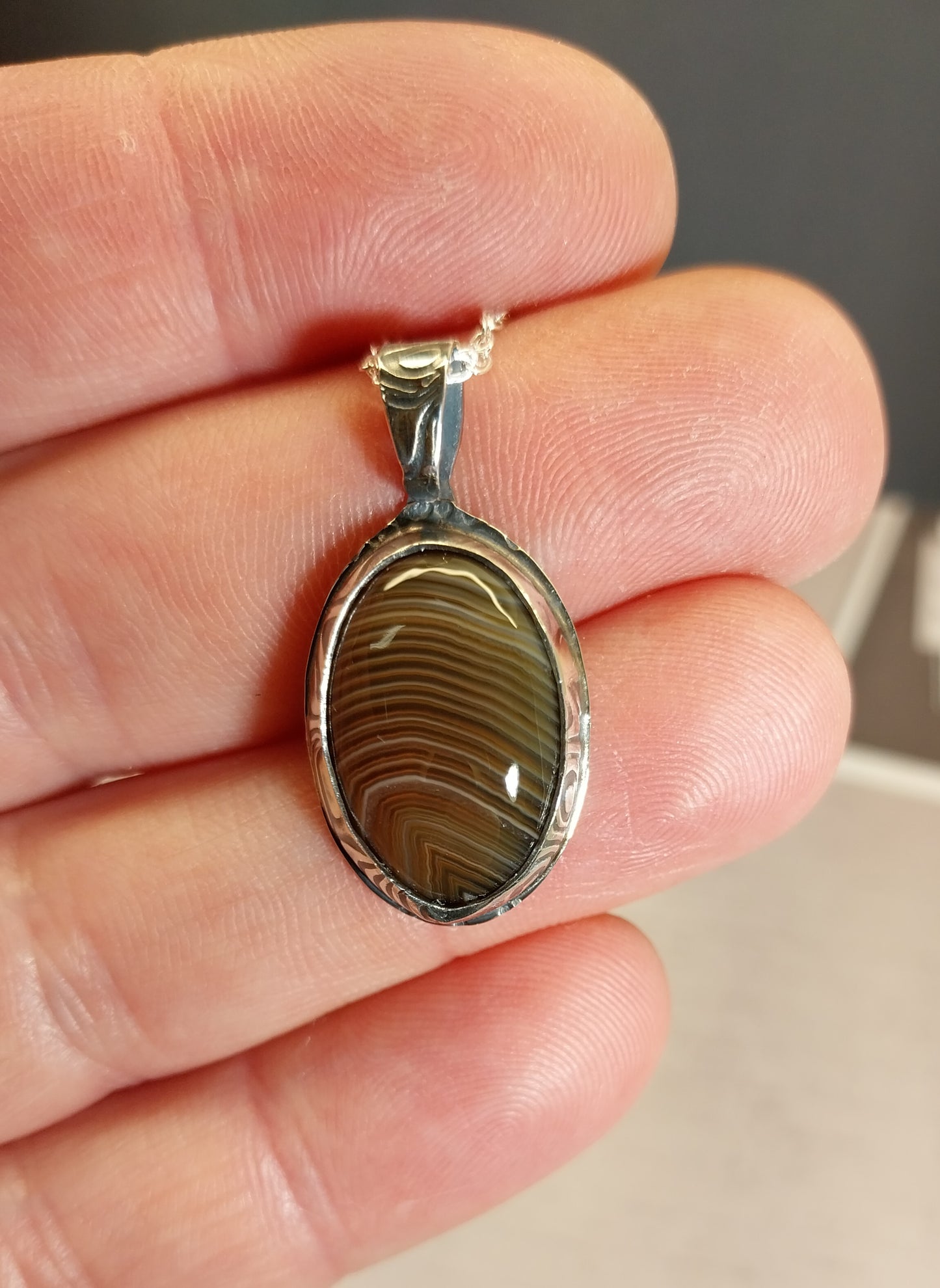 Brown Banded Superior Agate Sterling Silver Necklace