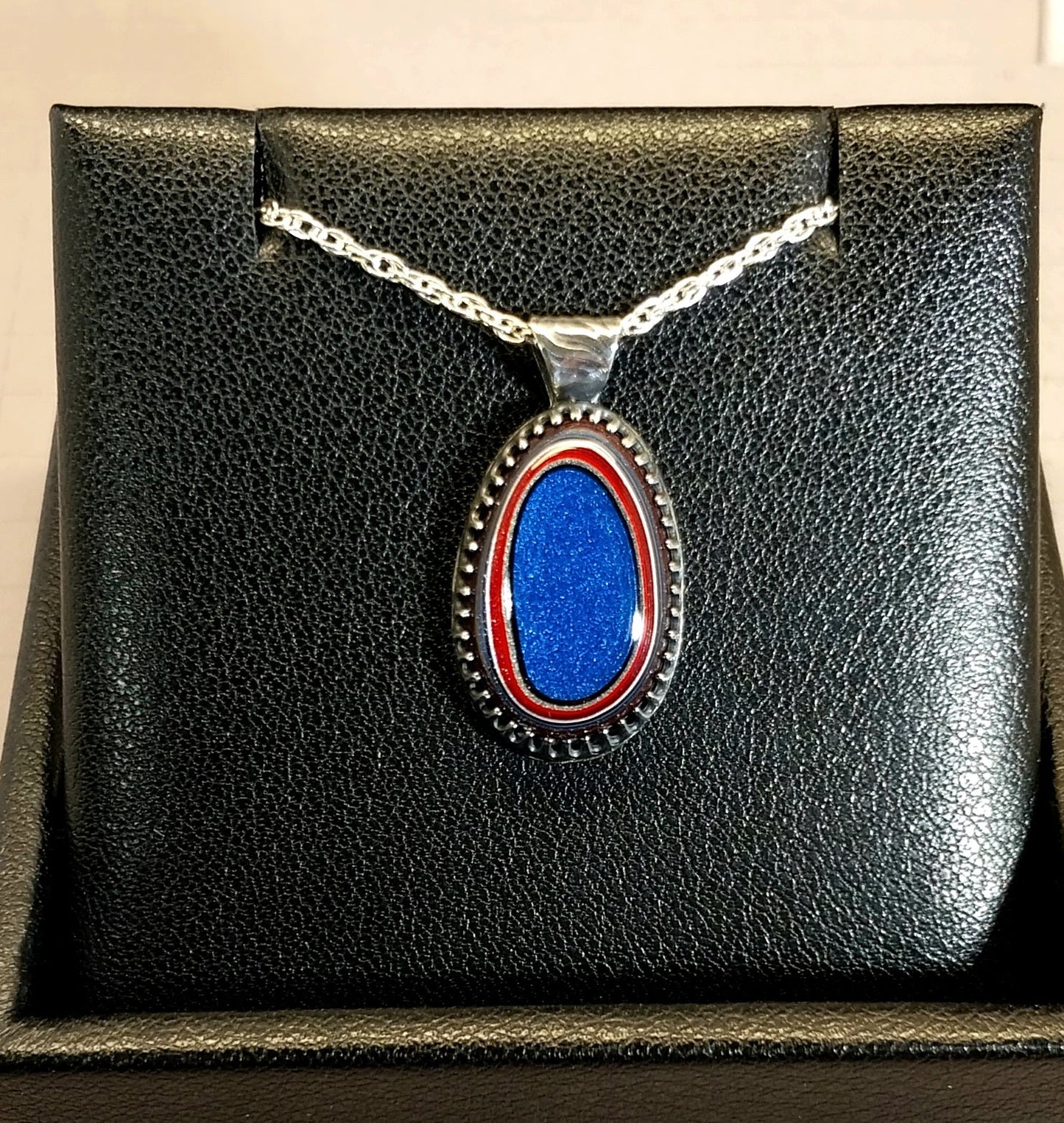 Fordite Necklace Bright Blue with Red and White Sterling Silver