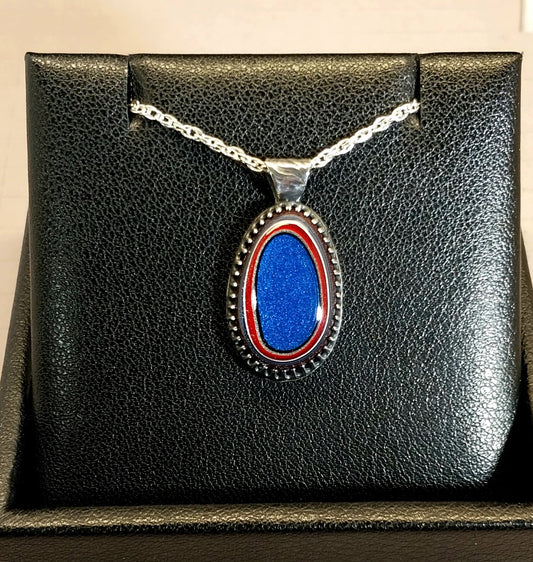 Fordite Necklace Bright Blue with Red and White Sterling Silver