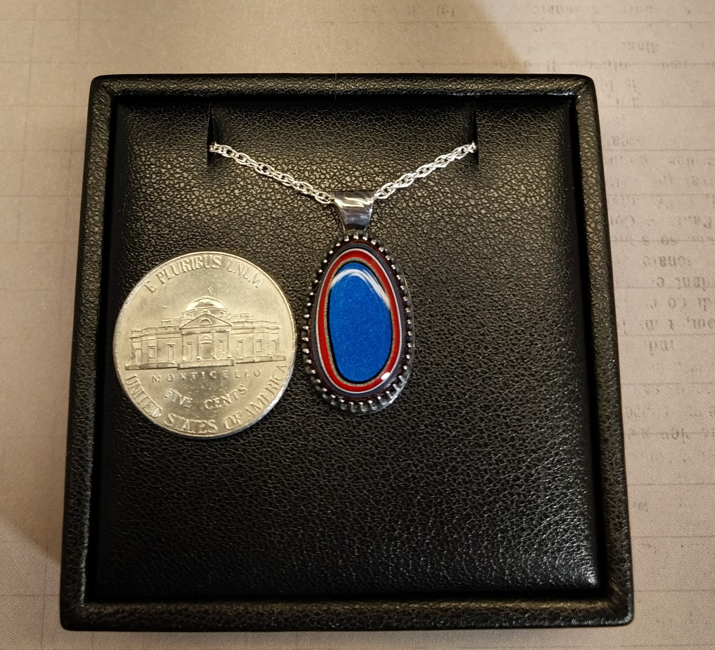 Fordite Necklace Bright Blue with Red and White Sterling Silver