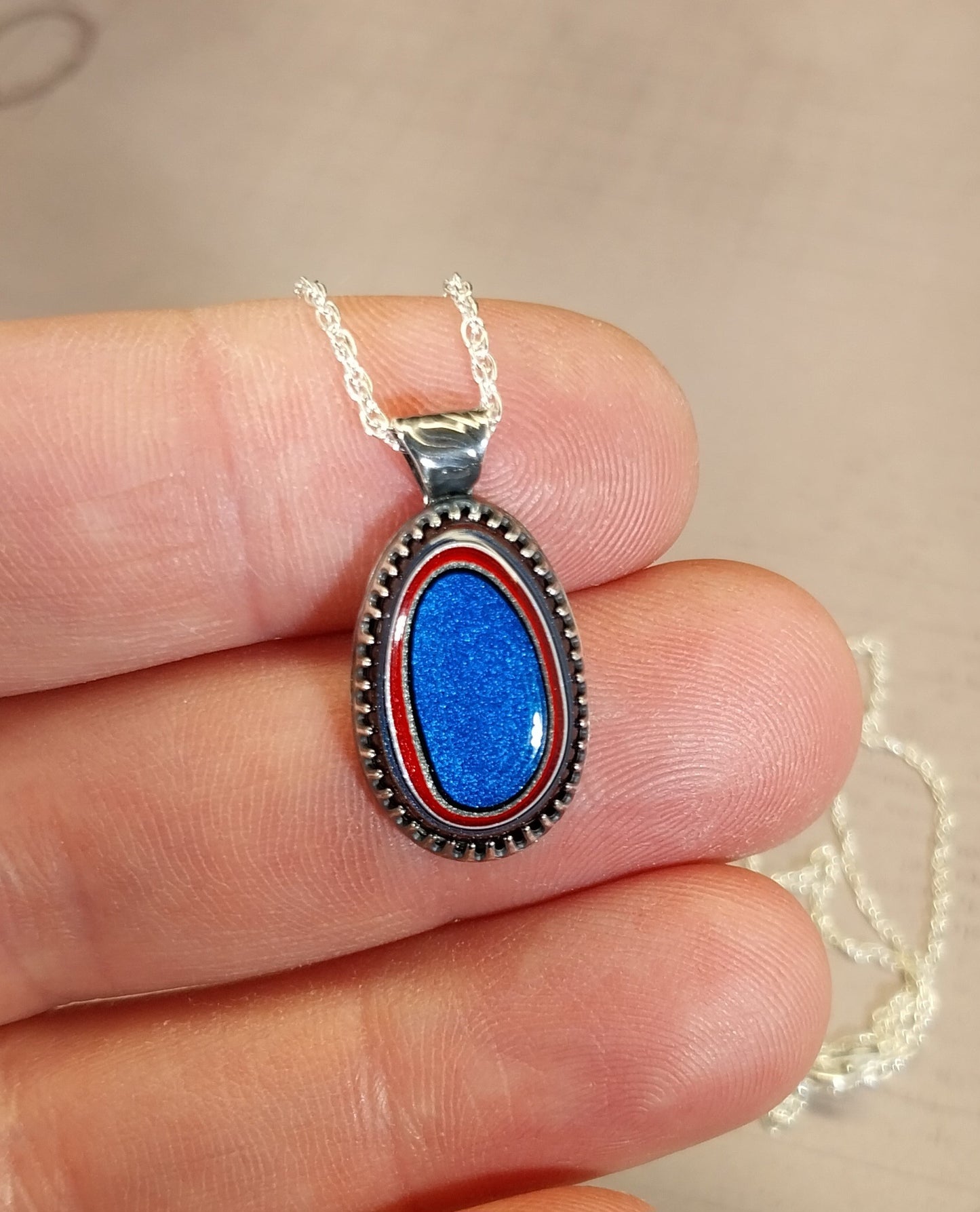 Fordite Necklace Bright Blue with Red and White Sterling Silver